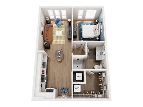 Floor plan for 1 bed, 1 bath, 738 sqft