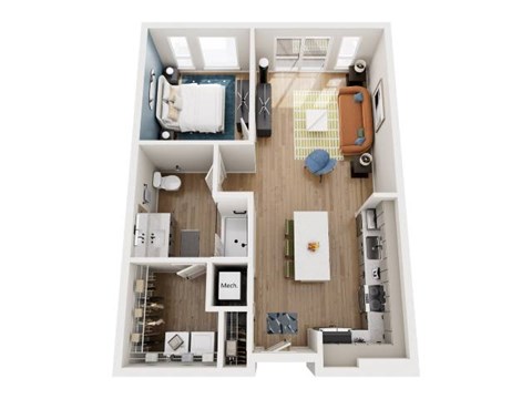 Floor plan for 1 bed, 1 bath, 724 sqft