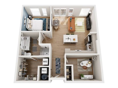 Floor plan for 1 bed, 1 bath, 895 sqft