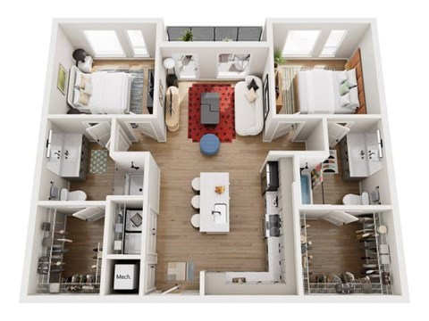 Floor plan for 2 beds, 2 baths, 1045 sqft