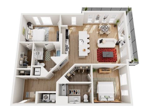 Floor plan for 2 beds, 2 baths, 1202 sqft