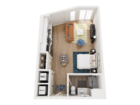 Floor plan for studio, 1 bath, 577 sqft