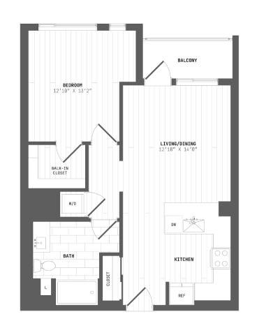 Floor plan for 1 bed, 1 bath, 770 sqft