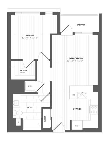 Floor plan for 1 bed, 1 bath, 759 sqft