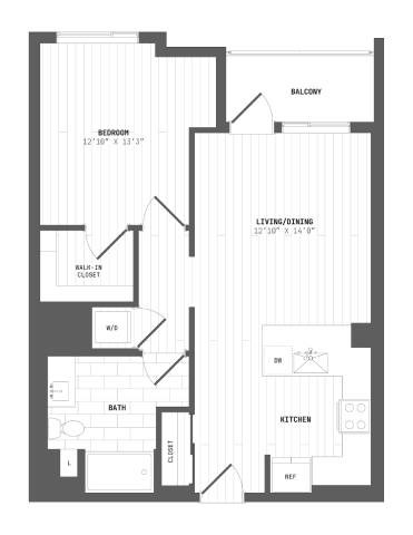 Floor plan for 1 bed, 1 bath, 769 sqft