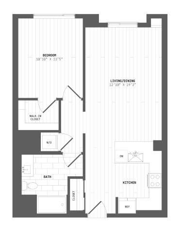 Floor plan for 1 bed, 1 bath, 838 sqft
