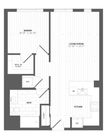Floor plan for 1 bed, 1 bath, 789 sqft