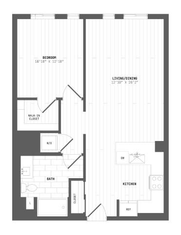 Floor plan for 1 bed, 1 bath, 835 sqft