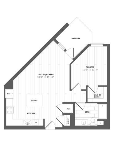 Floor plan for 1 bed, 1 bath, 809 sqft