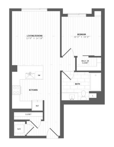 Floor plan for 1 bed, 1 bath, 740 sqft