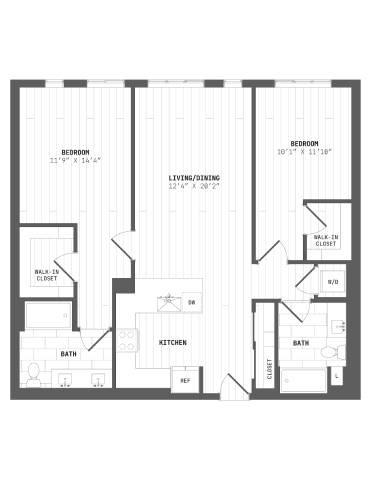 Floor plan for 2 beds, 2 baths, 1200 sqft
