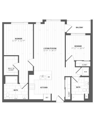 Floor plan for 2 beds, 2 baths, 1130 sqft