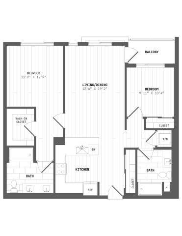Floor plan for 2 beds, 2 baths, 1123 sqft