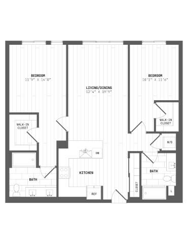 Floor plan for 2 beds, 2 baths, 1165 sqft