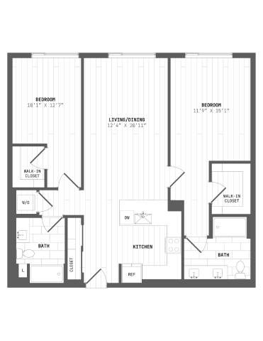 Floor plan for 2 beds, 2 baths, 1233 sqft