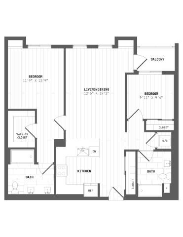 Floor plan for 2 beds, 2 baths, 1135 sqft