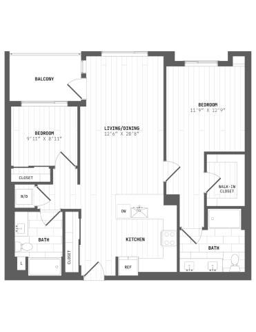 Floor plan for 2 beds, 2 baths, 1203 sqft