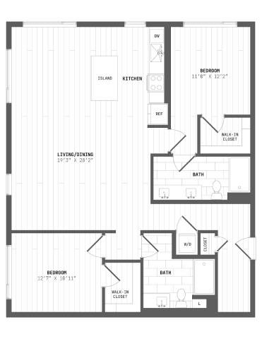 Floor plan for 2 beds, 2 baths, 1382 sqft