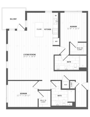 Floor plan for 2 beds, 2 baths, 1322 sqft