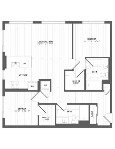Floor plan for 2 beds, 2 baths, 1125 sqft