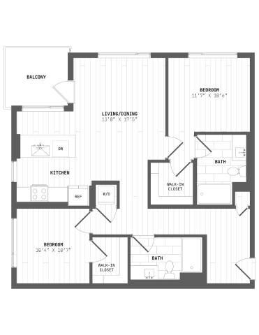 Floor plan for 2 beds, 2 baths, 1064 sqft