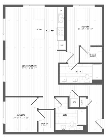 Floor plan for 2 beds, 2 baths, 1283 sqft