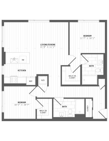 Floor plan for 2 beds, 2 baths, 1115 sqft