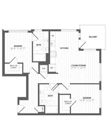 Floor plan for 2 beds, 2 baths, 1042 sqft
