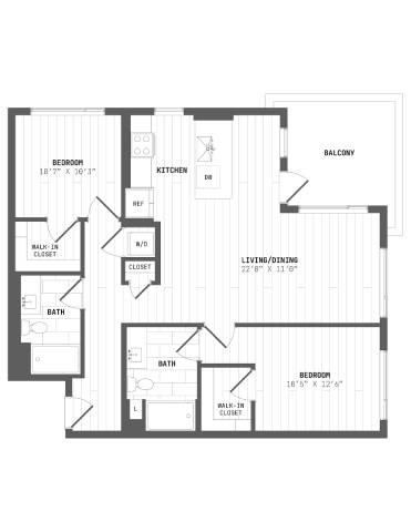 Floor plan for 2 beds, 2 baths, 1102 sqft
