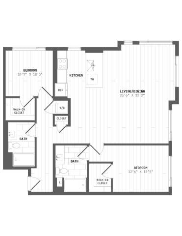 Floor plan for 2 beds, 2 baths, 1236 sqft