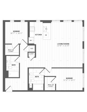 Floor plan for 2 beds, 2 baths, 1256 sqft