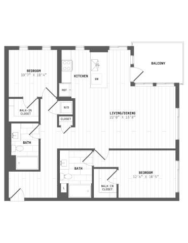 Floor plan for 2 beds, 2 baths, 1180 sqft