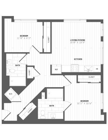 Floor plan for 2 beds, 2 baths, 958 sqft