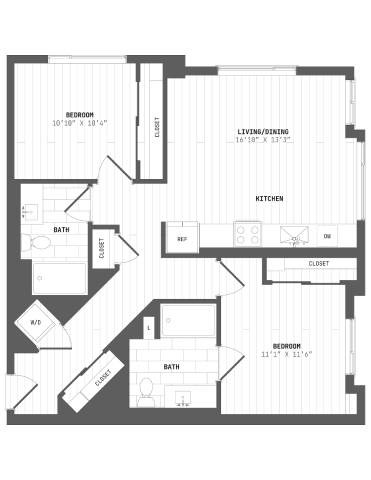 Floor plan for 2 beds, 2 baths, 989 sqft