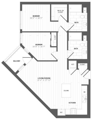 Floor plan for 2 beds, 2 baths, 1033 sqft
