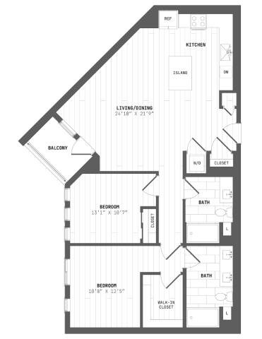 Floor plan for 2 beds, 2 baths, 1213 sqft