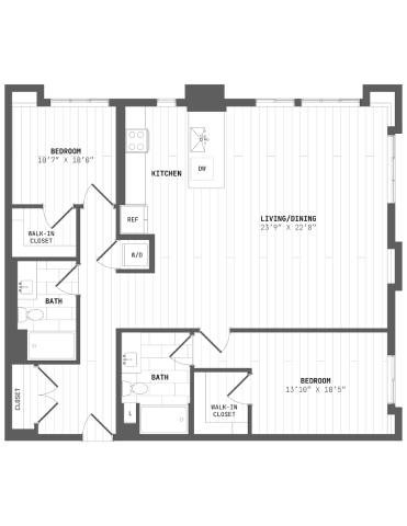 Floor plan for 2 beds, 2 baths, 1388 sqft