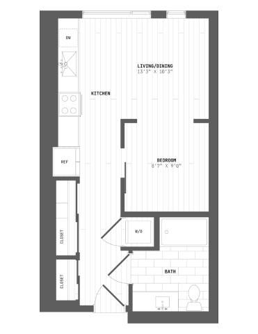 Floor plan for 1 bed, 1 bath, 551 sqft