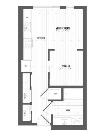Floor plan for studio, 1 bath, 534 sqft