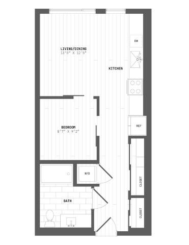 Floor plan for 1 bed, 1 bath, 568 sqft