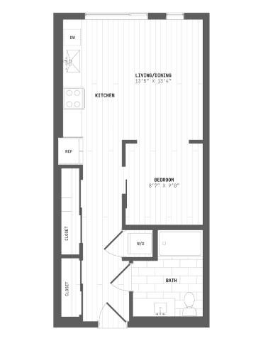 Floor plan for studio, 1 bath, 587 sqft