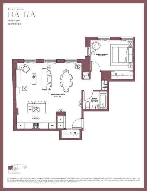 Floor plan for 1 bed, 1 bath, 738 sqft