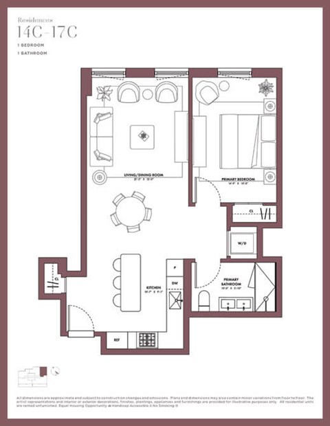 Floor plan for 1 bed, 1 bath, 729 sqft