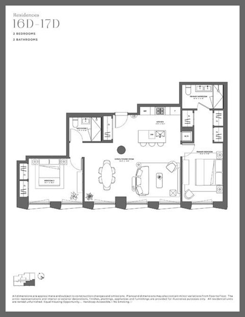 Floor plan for 2 beds, 2 baths, 1057 sqft