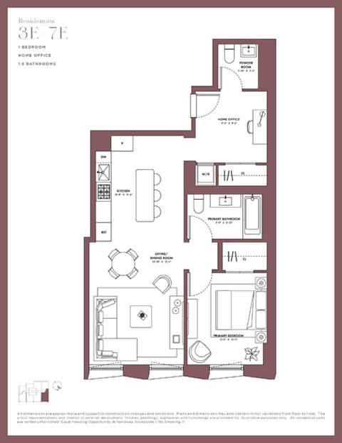 Floor plan for 1 bed, 1 bath, 793 sqft