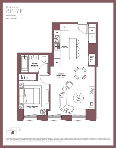 Floor plan for 1 bed, 1 bath, 645 sqft
