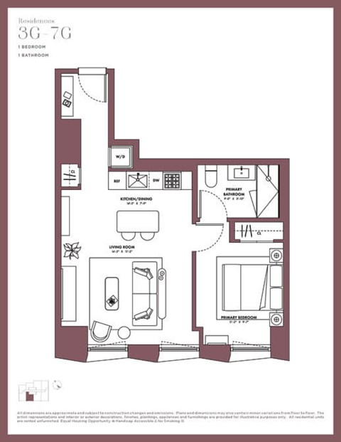 Floor plan for 1 bed, 1 bath, 576 sqft