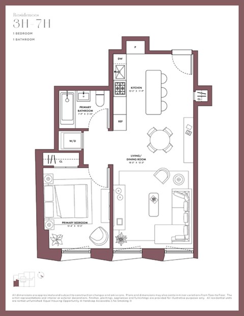 Floor plan for 1 bed, 1 bath, 672 sqft
