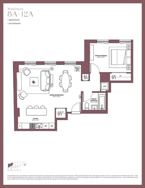 Floor plan for 1 bed, 1 bath, 717 sqft