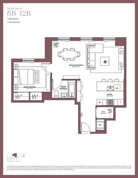 Floor plan for 1 bed, 1 bath, 806 sqft